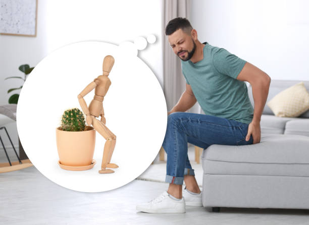 Man showing discomfort, piles treatment without surgery concept